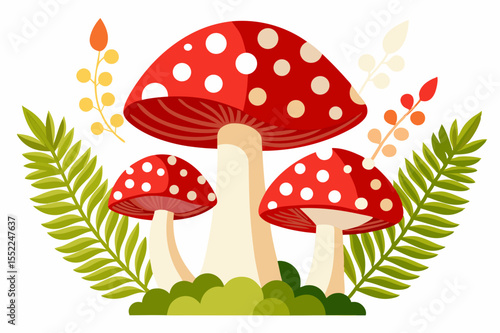 Whimsical illustration of three red and white spotted toadstool mushrooms with green foliage