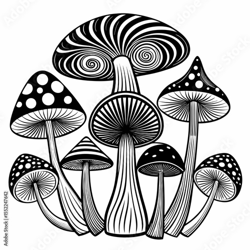 Psychedelic black and white mushroom illustration with swirls and dots