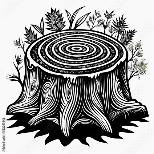 Detailed Tree Stump Illustration with Foliage in Black and White