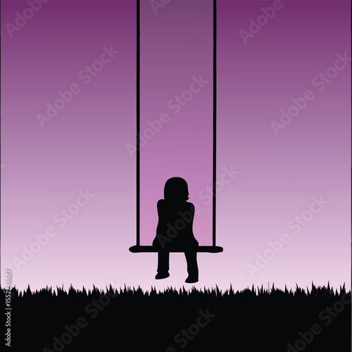 A solitary child on a swing set against a serene purple and pink twilight sky, evoking feelings of nostalgia, peace, and quiet contemplation during a calm evening