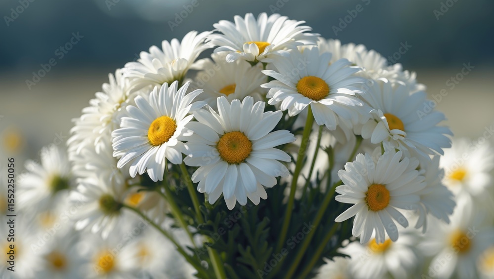 Obraz premium A bouquet of white daisy flowers with yellow pistils on a blurred background, captured with soft focus.