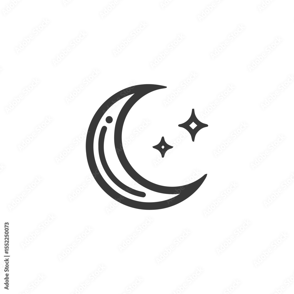 Crescent Moon and Stars Icon: Minimalist Celestial Design on White Background Crescent Moon and Stars Icon: Minimalist Celestial Design on White Background