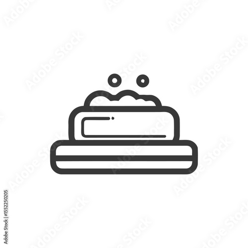 Minimalist Soap Bar Icon with Bubbles on Soap Dish, Black and White