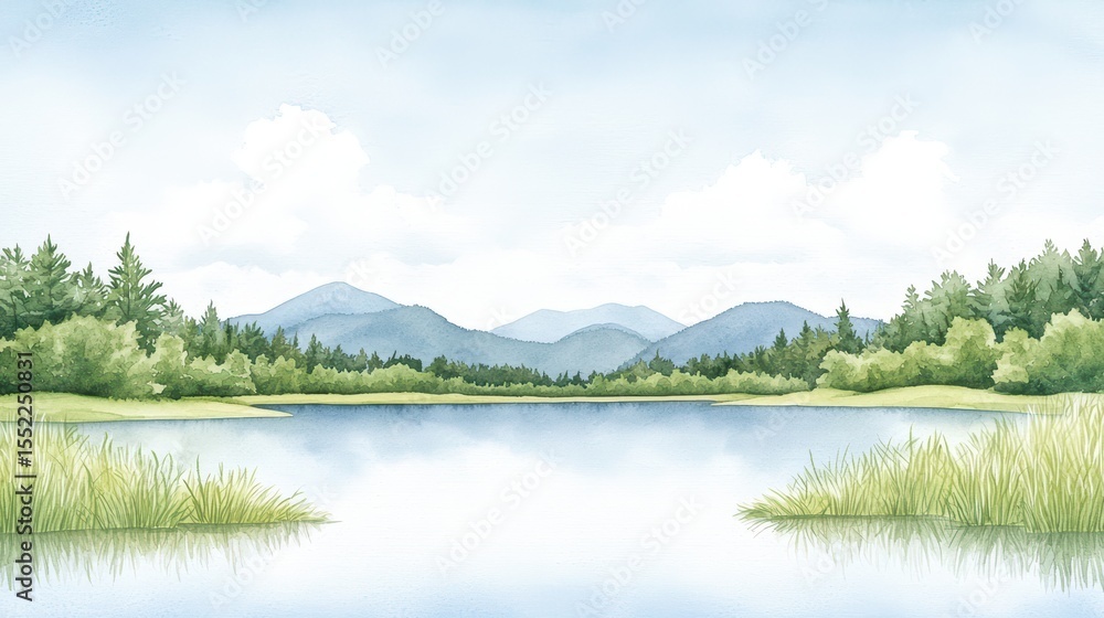 Fototapeta premium Serene Lake Landscape with Lush Greenery and Soft Blue Sky Over Majestic Mountains in Watercolor Style