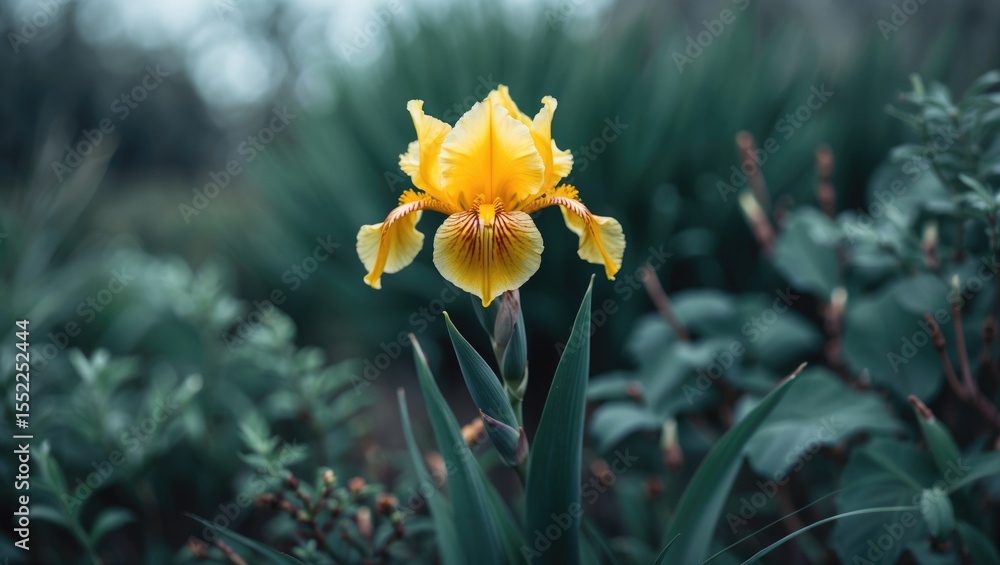 Fototapeta premium A single wild yellow iris flower blooming amidst green plants and foliage, with shallow depth of field and blurred background.