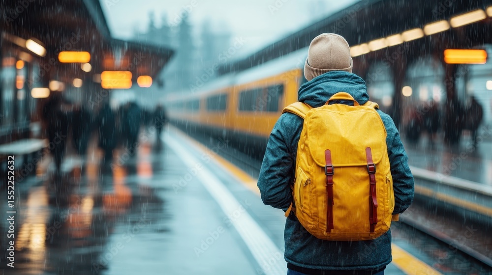 A lone figure stands at a rainy train station, gazing at a passing train while wearing a bright yellow backpack, evoking feelings of solitude and anticipation in the gray weather. A lone figure stands at a rainy train station, gazing at a passing train while wearing a bright yellow backpack, evoking feelings of solitude and anticipation in the gray weather.