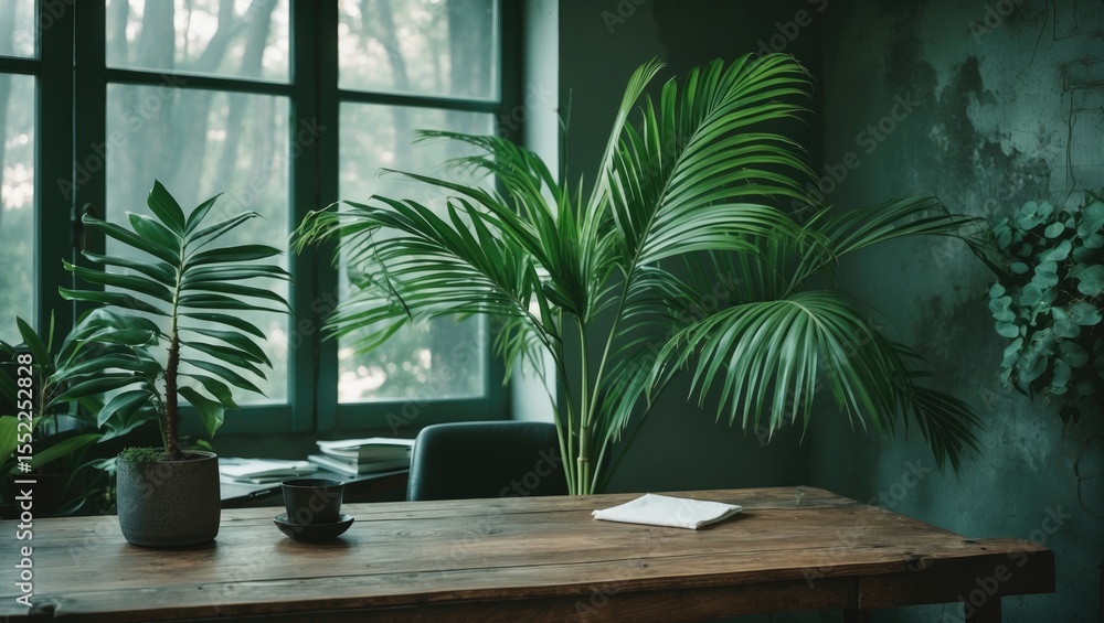 Fototapeta premium Green palm, desk, and napkin with empty copy space for text
