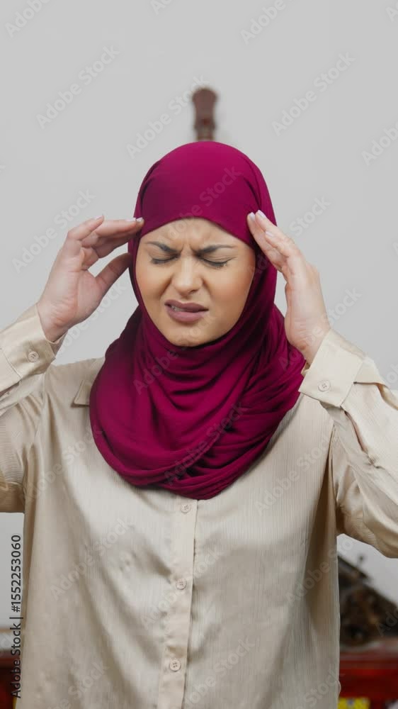 Vertical Video of Muslim Woman in Hijab Scarf Having Headache, Migraine Vertical Video of Muslim Woman in Hijab Scarf Having Headache, Migraine