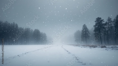 Fototapeta Naklejka Na Ścianę i Meble -  A beautiful minimalist landscape in heavy snowfall during a blizzard.