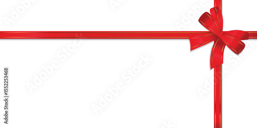 Background for rectangular banner with image of red lush satin bow with gold borders on transparent background. Vector.