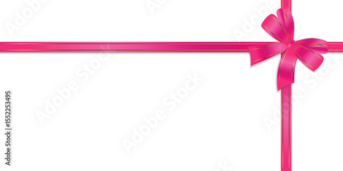 Background for rectangular banner with image of pink lush satin bow with gold borders on transparent background. Vector.