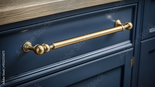 Gold drawer pull on navy blue kitchen cabinet.
