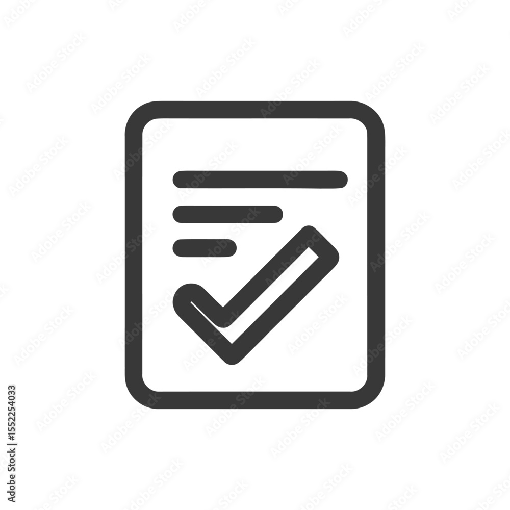 Completed Document Icon: Dark Gray Checkmark on White Background Completed Document Icon: Dark Gray Checkmark on White Background