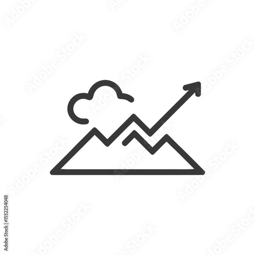 Ascending Arrow Over Mountain Peaks with Cloud, Line Art Icon