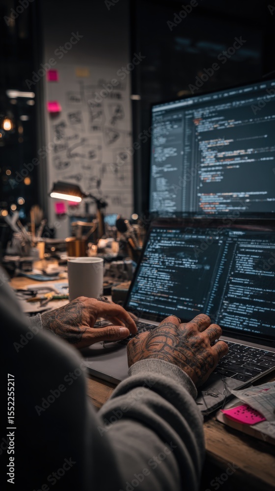 Obraz premium Modern software developer working on dual screens with code snippets in a high-tech office environment at night