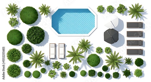 Aerial View Octagonal Pool Landscaping Plan Green Lush Plants