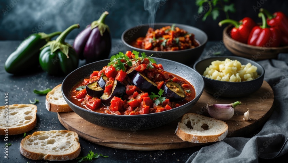 Ajvar delicious appetizer of pepper, eggplant and garlic on bread and in bowls Ajvar delicious appetizer of pepper, eggplant and garlic on bread and in bowls
