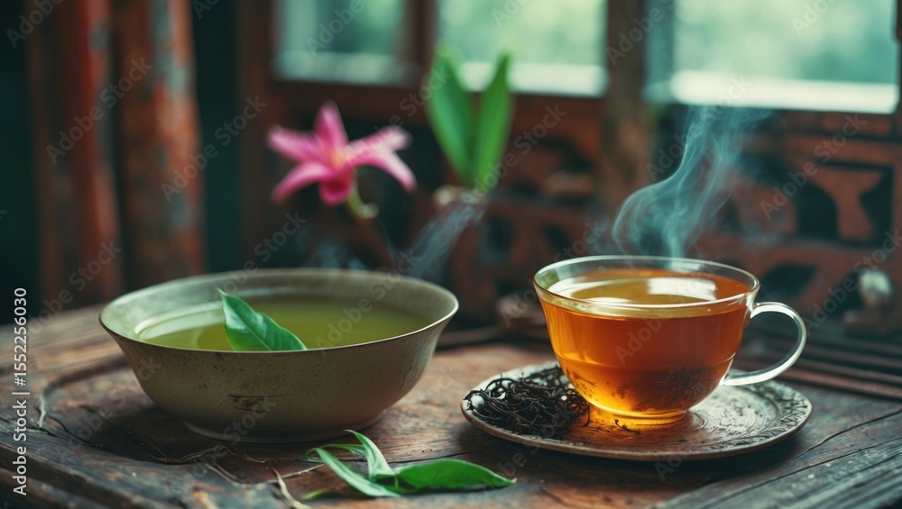 Time Of Happiness With Hot Green Tea, Featuring Empty Copy Space For Text Time Of Happiness With Hot Green Tea, Featuring Empty Copy Space For Text