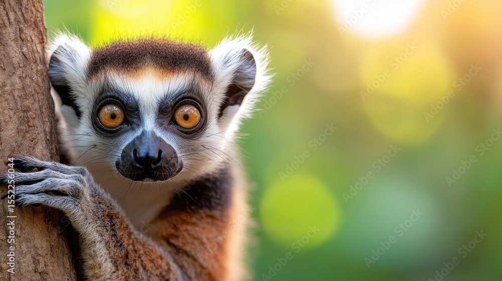 Obraz premium A captivating close-up of a lemur with striking eyes, showcasing its unique features and the beauty of its natural jungle environment.