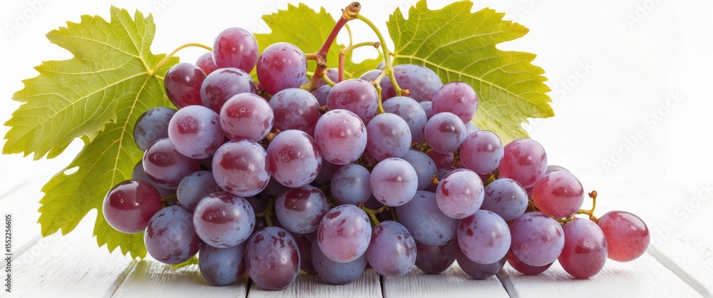 Fototapeta premium Ripe Sweet Grapes On White Background with green leaves. Juicy fruit, fresh produce, healthy snack. Fruit and produce, healthy lifestyle, natural food. Roofing and healthy eating.
