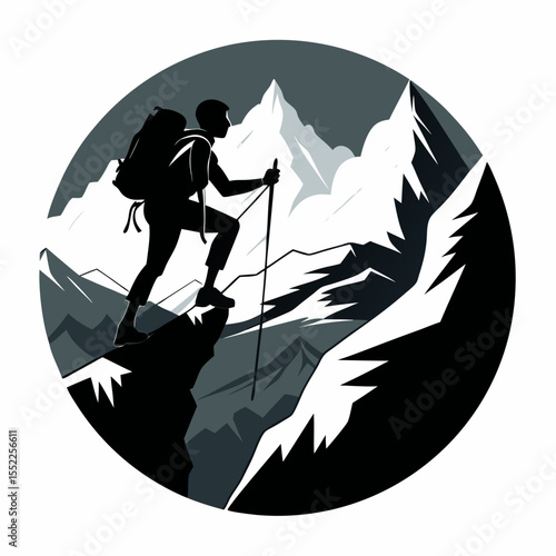 Silhouette of a hiker with a backpack climbing a steep mountain peak using a pole