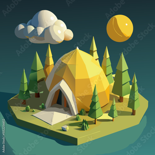 Stylized low poly camping scene with yellow geodesic dome tent and pine trees