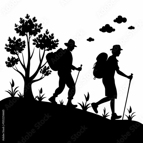 Two hikers with backpacks and trekking poles walking uphill on a grassy slope next to a tree