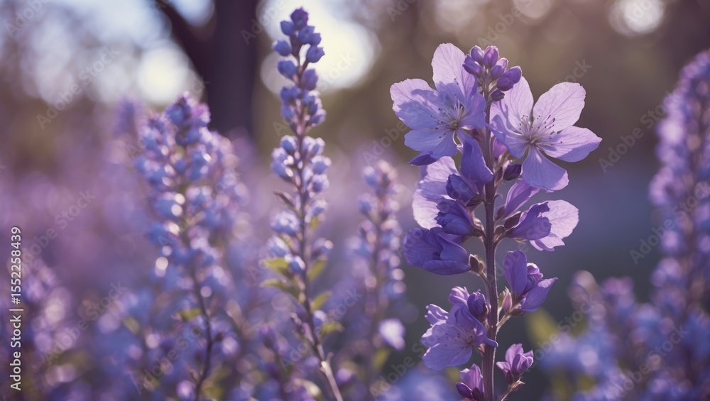 Fototapeta premium Close Up Shot Of Purple Flower Blossom seen in nature with sunlight. Floral and botanical theme. Nature and garden. The beauty of purple flowers in bloom