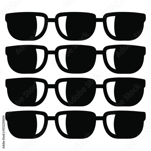 A seamless pattern of multiple black sunglasses silhouettes arranged in a grid. A vector illustration icon set representing summer fashion, eyewear, and cool style