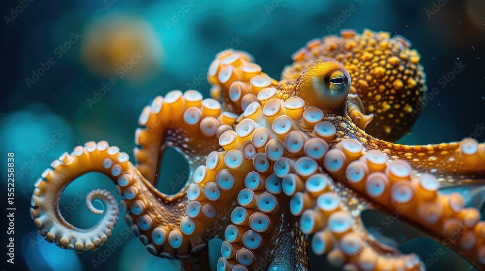 Obraz premium A vibrant octopus showcases its beauty and intelligence in a colorful underwater setting, reflecting the wonders of marine life and its mesmerizing attributes.