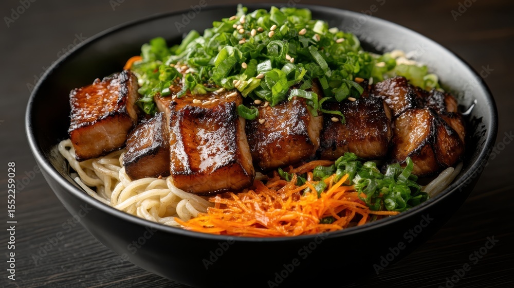 A delectable bowl of grilled char siu pork atop a bed of noodles, garnished with fresh vegetables, representing the rich and vibrant flavors of Asian cuisine. A delectable bowl of grilled char siu pork atop a bed of noodles, garnished with fresh vegetables, representing the rich and vibrant flavors of Asian cuisine.