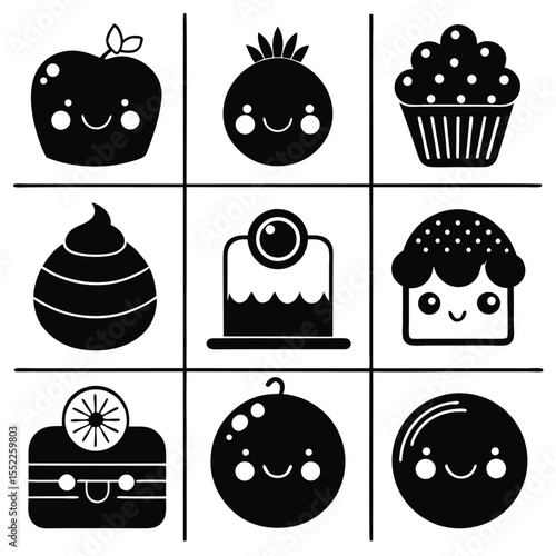 Assorted Desserts and Fruits Illustration Set Featuring Treats and Smiling Faces in a Grid Layout