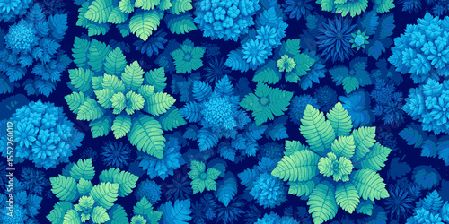 Nature-inspired abstract blue and green vegetation patterns. View from above, vector illustration.