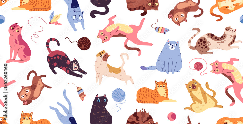Obraz premium Cute doodle cats seamless pattern. Cats in various poses with toys, pet shop vet clinic print vector