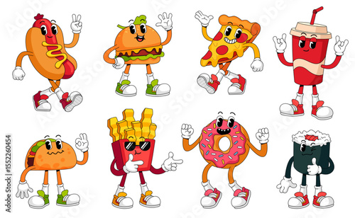 Retro fast food characters. Сartoon burger, pizza, hot dog, french fries, donut, taco mascot groovy funny vector set