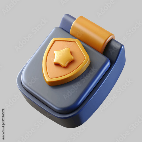 Stylized badge design featuring a golden star within a shield, rendered in 3D on a sleek black background.