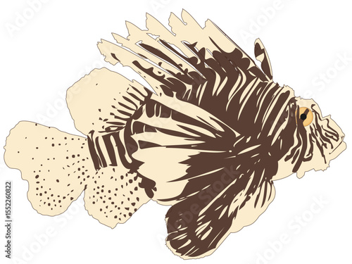 Striped Scorpionfish icon isolated on white background, profile view. Devil firefish or Pterois miles funny tropical fish logo, side view. Common lionfish sign, vector flat design eps 10