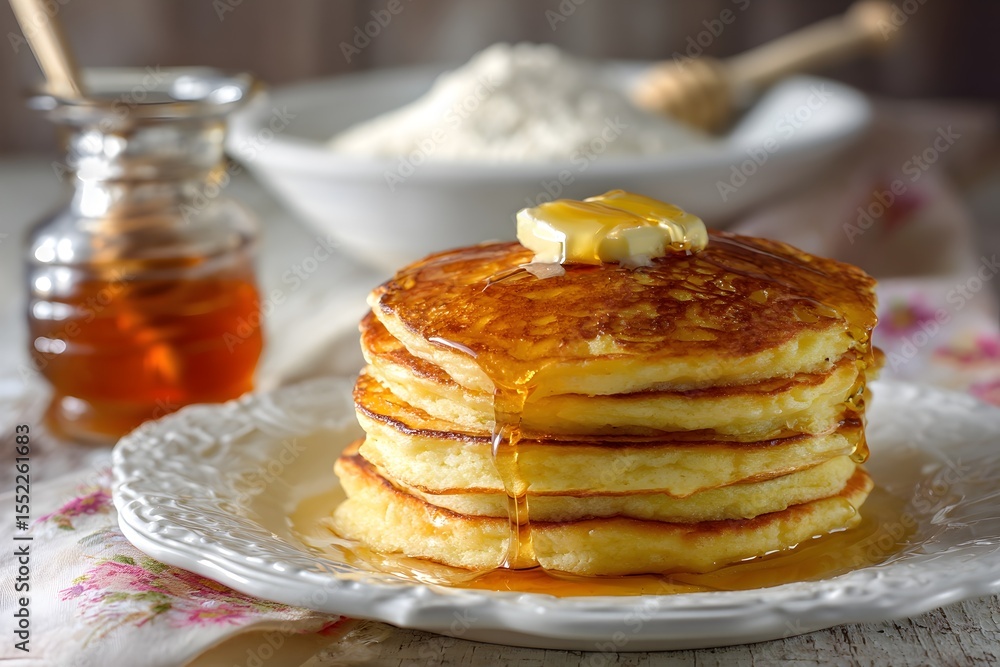 A stack of freshly made pancakes is topped with a melting butter square and drizzled with rich maple syrup A stack of freshly made pancakes is topped with a melting butter square and drizzled with rich maple syrup