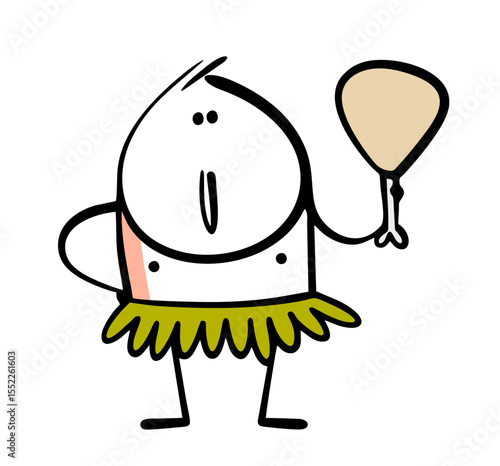 Cartoon wild man in a skirt made of plant leaves holds an animal bone. Vector illustration of an ogre, an aborigine on an island having lunch.