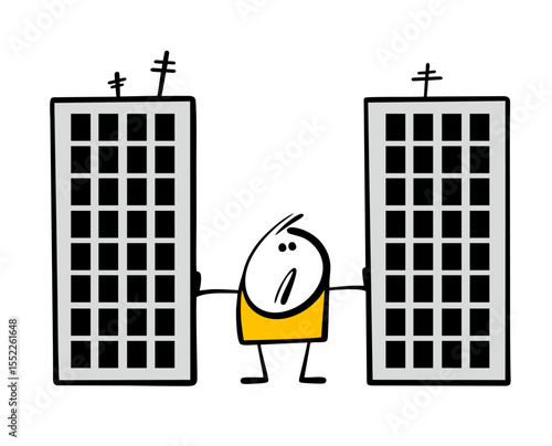 Disgruntled stickman stands between two skyscrapers, bracing his arms. Vector illustration, a man is cramped, a narrow city street.