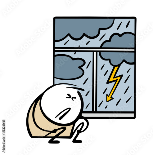 Sad stickman was afraid of a terrible thunderstorm outside the window. Vector illustration of a child shrinking, trembling. strong wind, rain and lightning. The elements played out.