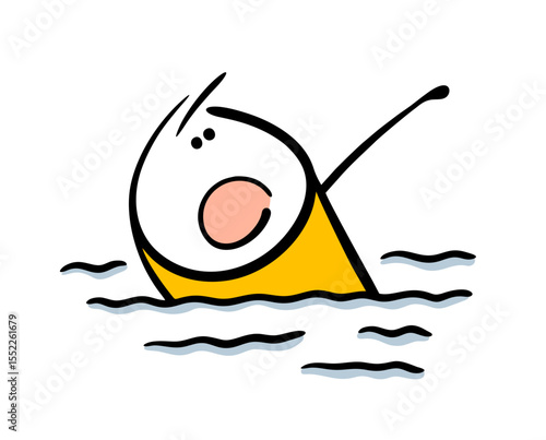 Cartoon unfortunate man is drowning in the sea, the wet one is screaming loudly, calling for help. Vector illustration of a stickman waving his hand, floating in the water.