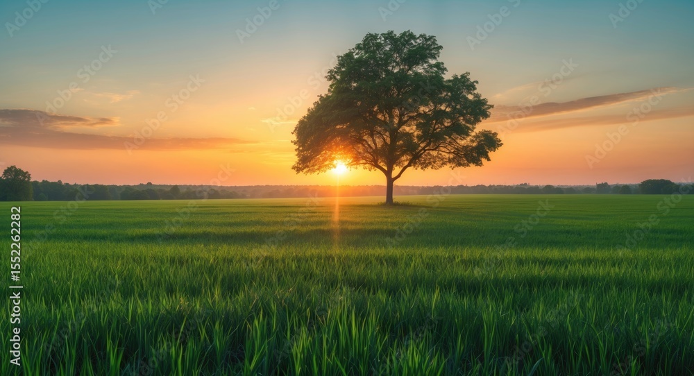 Fototapeta premium Beautiful sunrise over green field and single tree in summer morning with empty copy space for text.