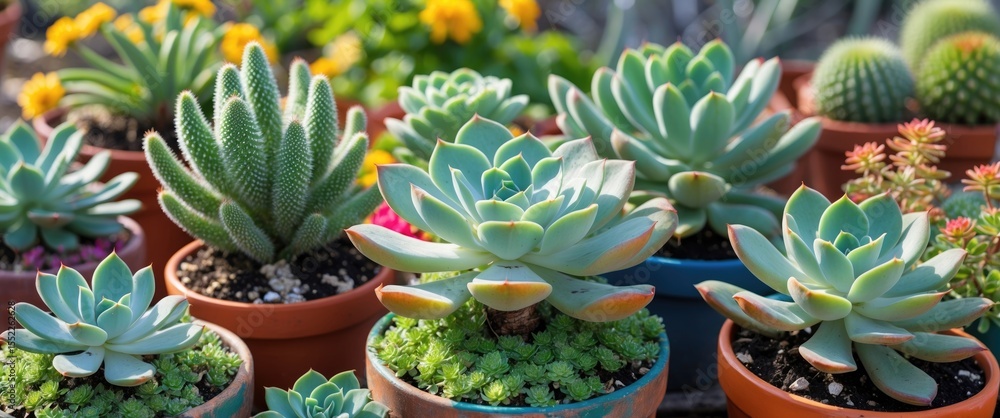 Fresh Green Potted Succulents Plants Growing In Sunny Colorful Garden with Empty Copy Space For Text Fresh Green Potted Succulents Plants Growing In Sunny Colorful Garden with Empty Copy Space For Text