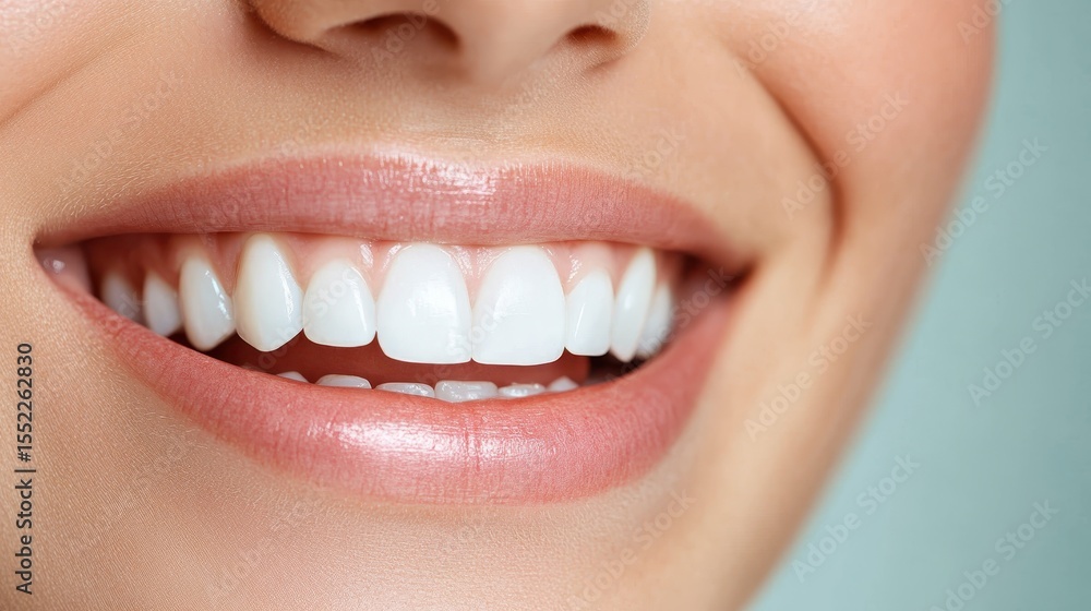 Obraz premium A close-up image showcasing a woman's bright, white teeth, complemented by her soft, natural lips and a warm, inviting smile, highlighting dental health and beauty.
