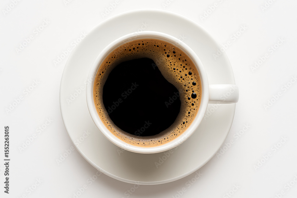 Top View of Black Coffee with Foam in White Cup and Saucer – Isolated Morning Beverage on White Background Top View of Black Coffee with Foam in White Cup and Saucer – Isolated Morning Beverage on White Background