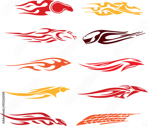 Collection of stylized flame and tribal animal graphics in red yellow and orange for vehicle customization and sporty designs