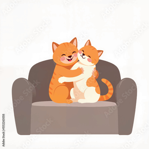 Joyful cats hugging on cozy couch, warmth of friendship