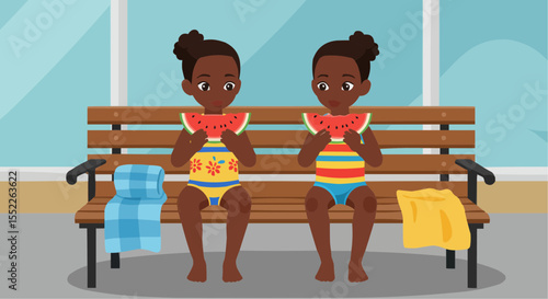 Two young girls sitting on a bench eating watermelon at water park  