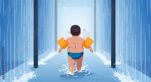 Child walking through water at a water park with floaties on  